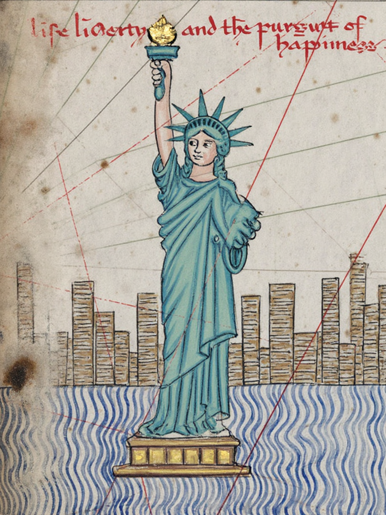 C4t41an style, the Statue of Liberty with long turquoise hair wearing a turquoise dress, standing on an island in the ocean, New York skyline in the background, red text at the top reading ‘life liber3899408148_img3_F1.png